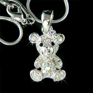 Dainty Swarovski Crystal Cute Teddy Bear with Bow Heart Girls Necklace Jewelry Christmas Friend fit European Charm Bracelet 8 Birthday Gifts image 1