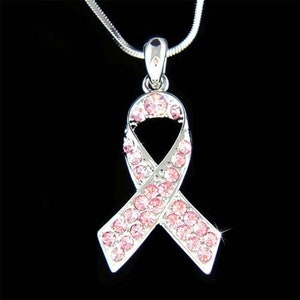 Swarovski Crystal Breast Cancer Awareness Pink Ribbon Necklace Gold Plated Keychain Jewelry Christmas Birthday Gift Silver