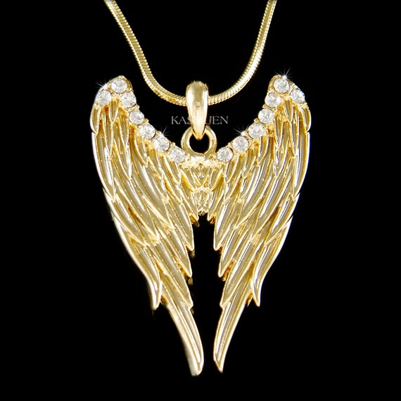 Gold Necklace Swarovski Crystal Heart Necklace With Angel Wings