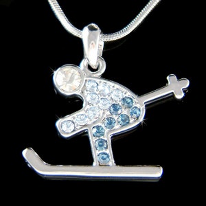 Swarovski Crystal Blue Alps Alpine Skiing Skis Skate Skier Snow Necklace Fit European Charm Christmas 25th 30th 35th 40th 45th Birthday Gift