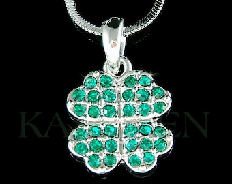 Swarovski Crystal Emerald Irish Saint Patrick's Day Lucky Four Leaf CLOVER SHAMROCK Pendant Charm Chain Necklace New Christmas Gift Jewelry