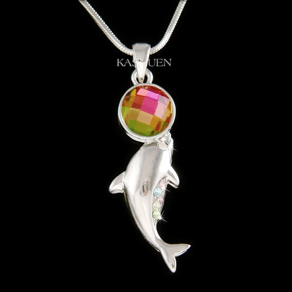 Swarovski Crystal Rainbow Playful Baby DOLPHIN Necklace Beach Ball marine Wedding Jewelry Christmas 18 20th 30th 40th 50th 60 Birthday Gift