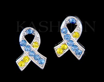 Swarovski Crystal Yellow Blue Support Ukraine Down Syndrome DS DNS Awareness Ribbon Bow Earrings Jewelry Family Christmas Friends Gift New