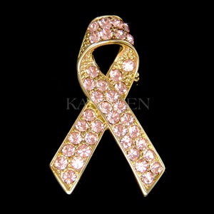 Swarovski Crystal Breast Cancer Awareness Pink Ribbon Brooch Pin Gold Tone Family Members Mother Daughter Love Lost Support Jewelry Gift New