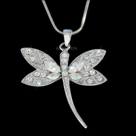 Swarovski Crystal Aqua Blue DRAGONFLY Necklace Bridal Wedding