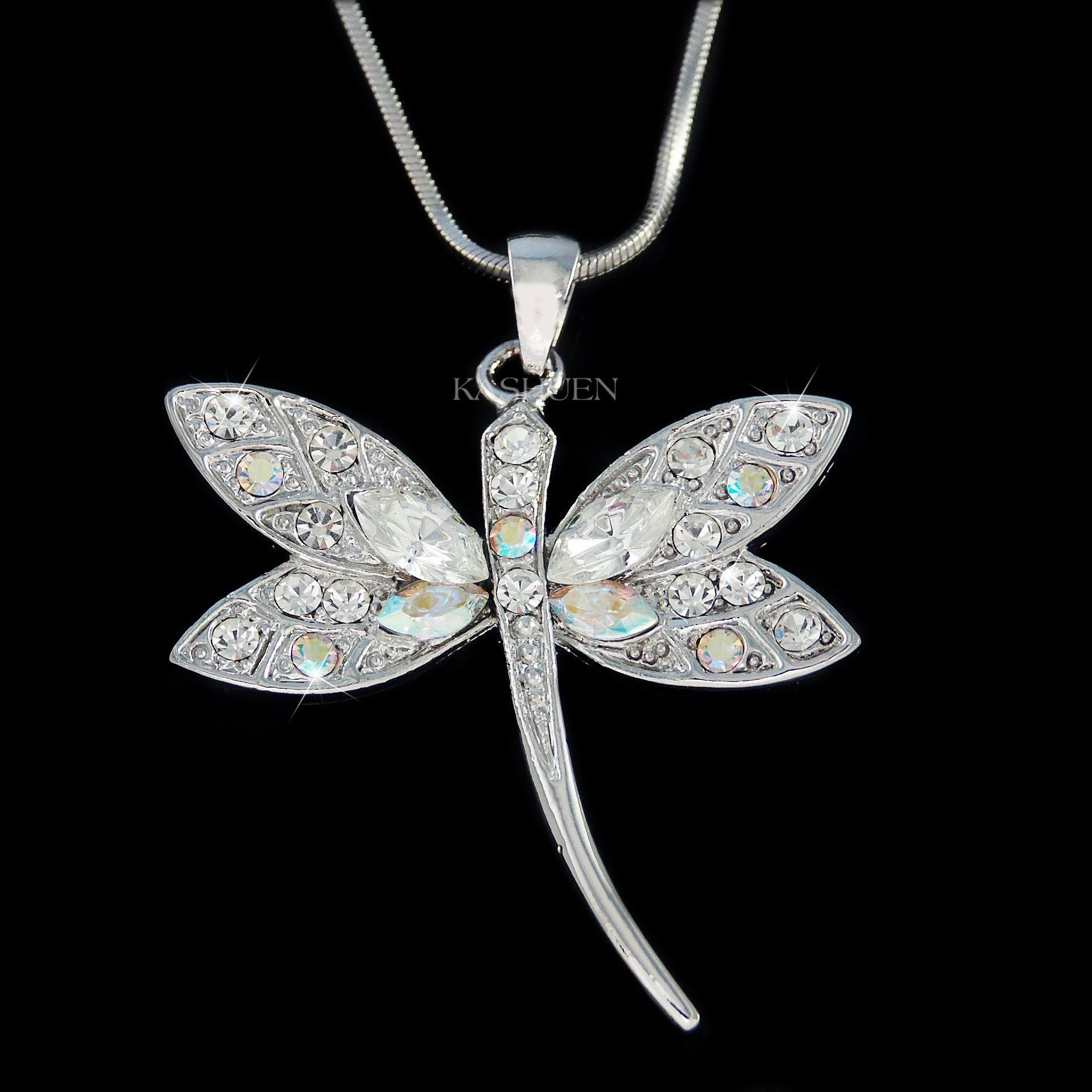 Swarovski Crystal Aqua Blue DRAGONFLY Necklace Bridal Wedding