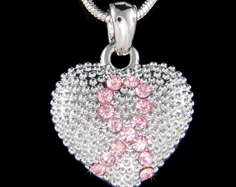 Swarovski Crystal Breast Cancer Survivor Surviving Recovery Pink Awareness Ribbon Puffed Heart Necklace Friends Family Member Support Gift