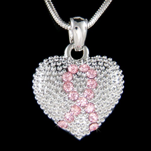 Swarovski Crystal Breast Cancer Survivor Surviving Recovery Pink Awareness Ribbon Puffed Heart Necklace Friends Family Member Support Gift