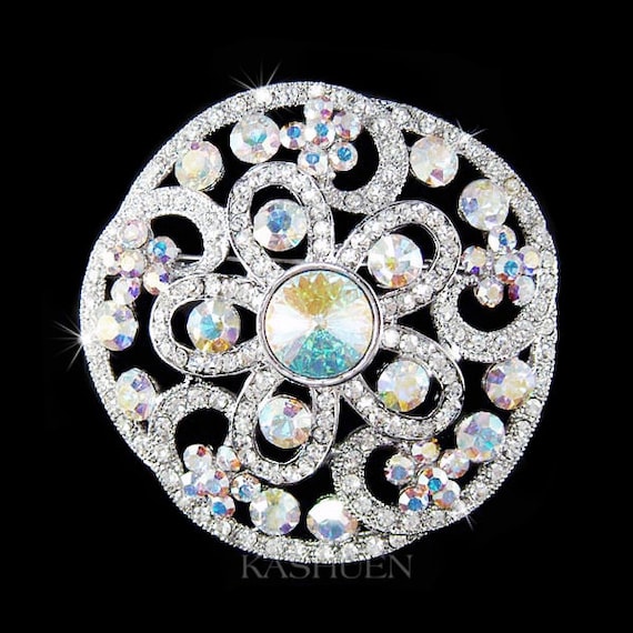 Swarovski Crystal Sparkling Round Circle Flower Floral Bridal Pin