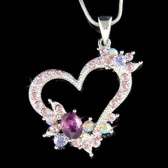 Purple Swarovski Crystal Love Heart Necklace Flower Valentine Etsy