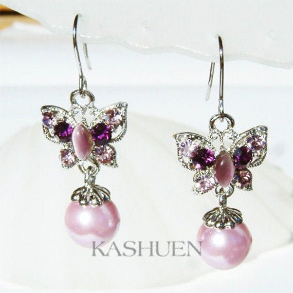 Purple Pink Pearl Crystal Dangle earrings