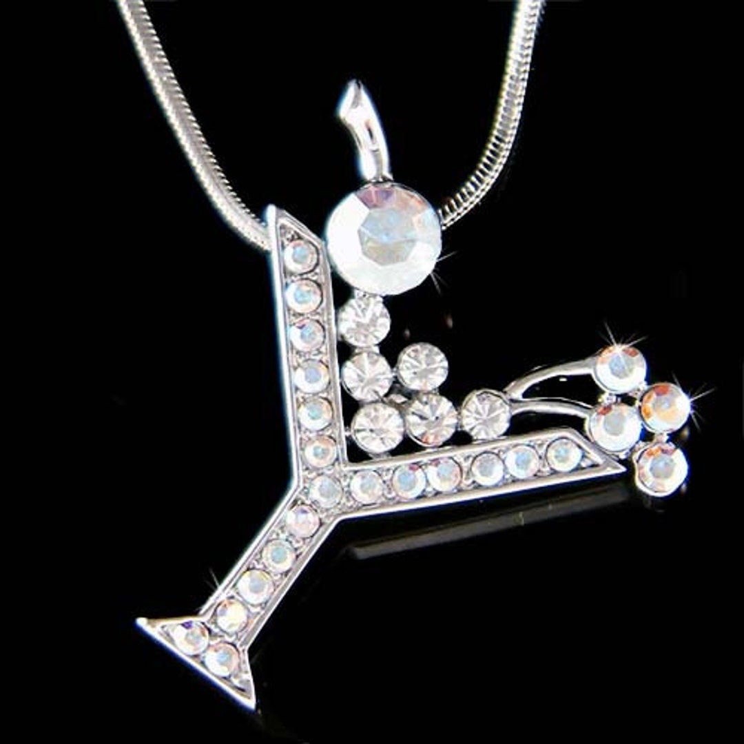 Swarovski Crystal Martini Cocktail Glass Olive Party Drink Pendant