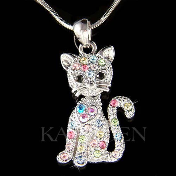 Swarovski Crystal Rainbow Cat Necklace, Movable Kitten Charm