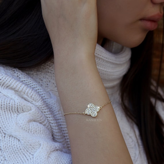 Swarovski Crystal Lucky Leaf CLOVER Flower Floral Irish Charm 14K Gold  Filled Chain Bracelet Jewelry Best Friends Birthday Christmas Gift