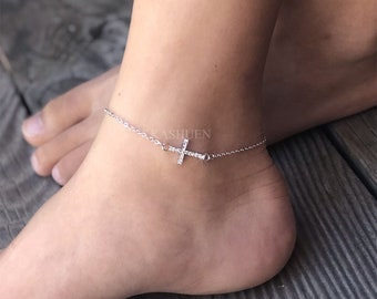 Dainty Swarovski Crystal Sideways Cross Anklet Charm Sterling Silver Religious Chain Ankle Jewelry Best Friend Teens Birthday Christmas Gift