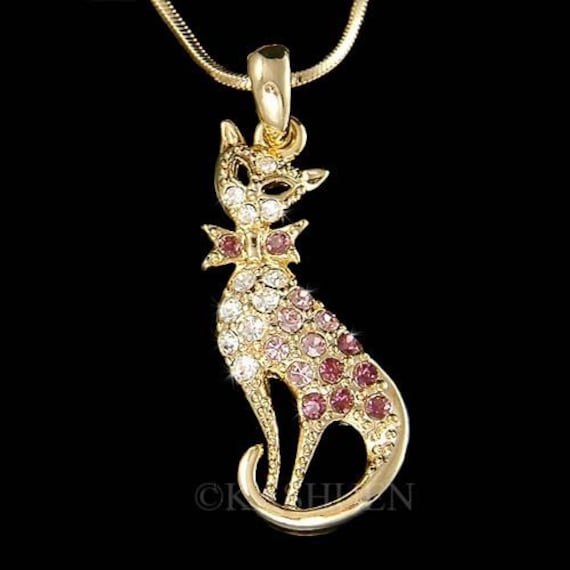 Ensemble Bijoux 2 Pièces Bague Et Collier Chat - Pendentif Chat Avec Nœud Et Diamants - Cadeau Mignon Pour Fille - Taille Ajustable - 7
