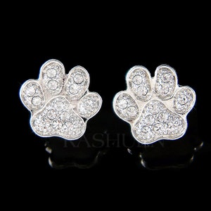 Swarovski Crystal Clear Pawprint Paw Print Dog KITTY CAT Kitten Stud Pierced Earrings Jewelry Animal Lover Christmas Best Friend Gift New