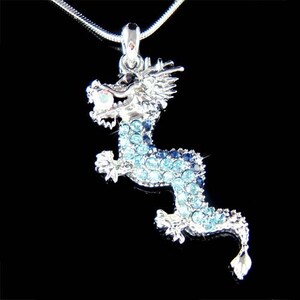 Swarovski Crystal Blue Chinese Myth Fairy Magic Dragon Amulet Oriental Serpents Gothic Pendant Chain Necklace Christmas Gift New
