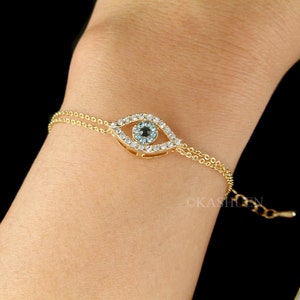 Swarovski Crystal Baby Blue Evil Eye Flower Amulet Nazar Protection Ward Off Charm Double 2 Chain 14K Gold Filled Turkey Israel Bracelet New