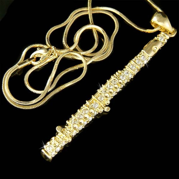 Swarovski Crystal Gold Plated Long Flute Woodwind Instrument Music