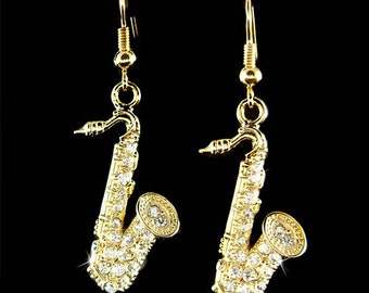 Swarovski Crystal Gold TENOR ALTO Sax SAXOPHONE Music Musical Instrument Earrings Classy Jewelry Musician Best Friends Christmas Gift New