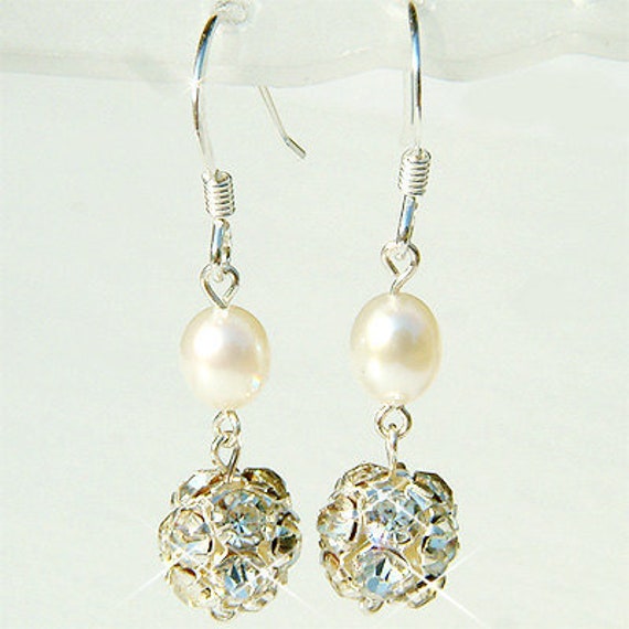 Swarovski Crystal Disco Ball Freshwater Pearl Sterling Silver Earrings  Bridal Wedding Bridesmaids 20th 30th Birthday Jewelry Christmas Gifts