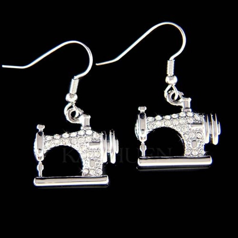 Swarovski Crystal Antique Vintage Look Singer Sewing Machine Earrings Jewelry for quilter Dressmaker Seamstress Wife Mother Best Friend Gift image 1