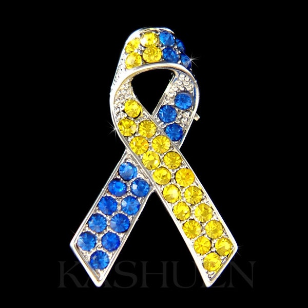 Swarovski Kristall Gelb Blau Support Ukraine Ständer mit Peace Down Syndrom DNS Bewusstseinsband Schleife Pin Brosche Schmuck Familie Freunde Geschenk