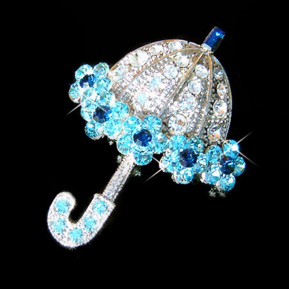 Swarovski Crystal Blue Lady UMBRELLA Mary Poppins Rainy Day Rain