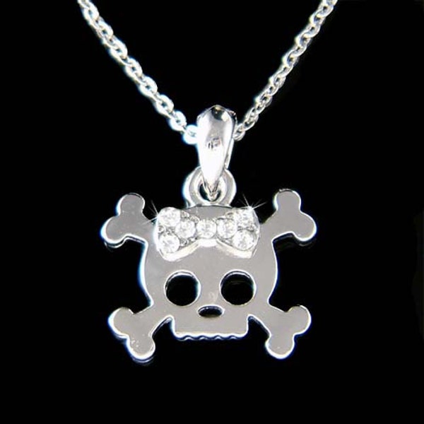 Dainty Swarovski Crystal Cute Skull Cross bone Bow Teens Jewelry Charm Sterling Silver Chain Girls Girly Necklace Christmas Birthday Gifts