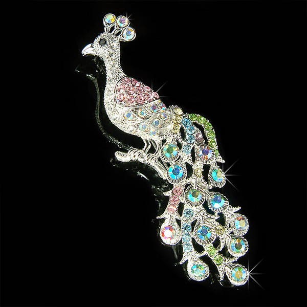 Swarovski Crystal Huge Rainbow Glamorous Peacock Peafowl Peahen Bird Feather Animal Pin Brooch Jewelry Valentines Mothers Day Christmas Gift