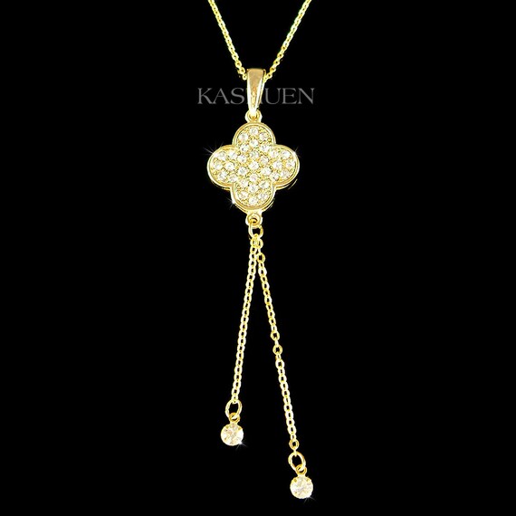 Swarovski Crystal Lucky 4 Leaf CLOVER Flower Floral Irish Charm 14K Gold Filled Chain Necklace Jewelry Best Friends Birthday Christmas Gift