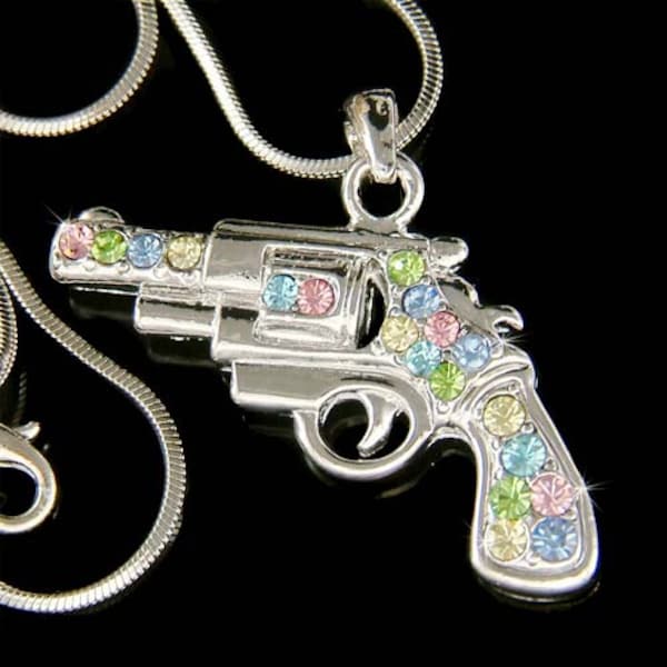 Swarovski Austrian Crystal Handgun Pistol Hip Hop Pendant Unisex Womens Charm Necklace Best Friend Birthday Christmas Gift New