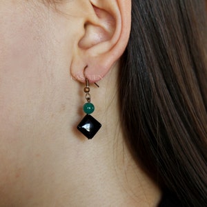 Black Onyx Emerald Green Agate Natural Stone Gemstone Copper Rustic Dangle Earrings Simple Healing Christmas 20th 30th 40th 50 Birthday Gift