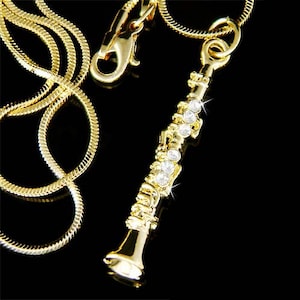 Swarovski Crystal Gold Plated Clarinet Necklace Woodwind Instrument Music Musical Jewelry Christmas Best Friend 30th 40th Birthday Gifts New