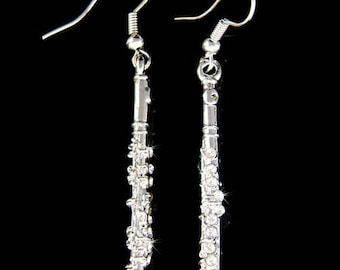 Swarovski Crystal Flute Sterling Silver Earrings Woodwind Instrument Music Musical Jewelry Christmas Piccolo Teacher 25th 50th Birthday Gift