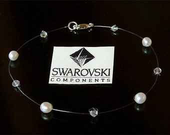 Floating Freshwater Cream White Pearl and Swarovski Crystal Sterling Silver chain Anklet for Beach Wedding