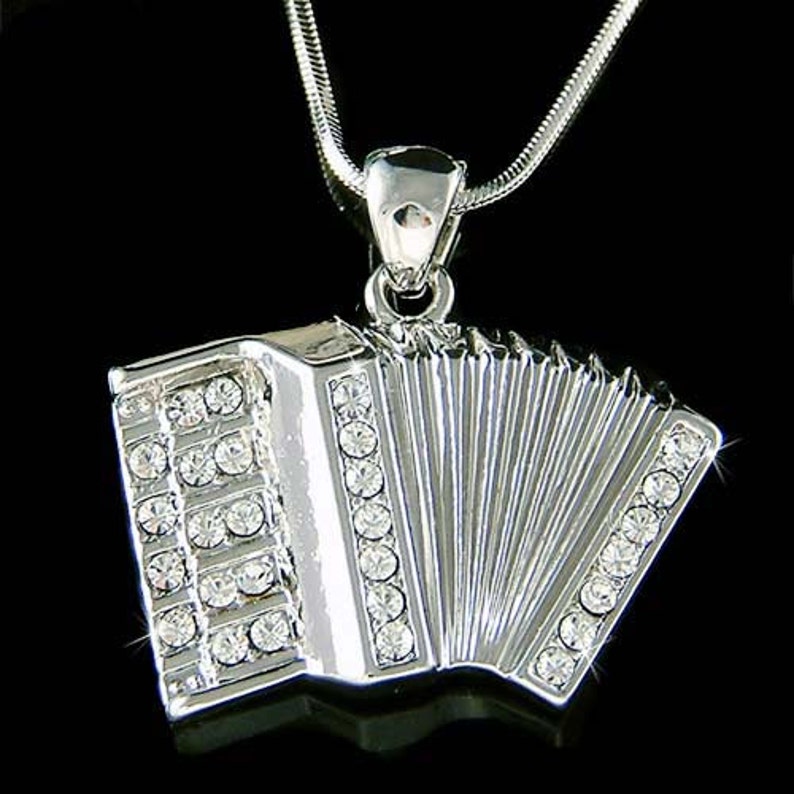 Swarovski Crystal Bass Piano Accordion Necklace Squeezebox Folk Music Musical Jewelry Musician Christmas 20th 30th 40th 50th Birthday Gift image 1