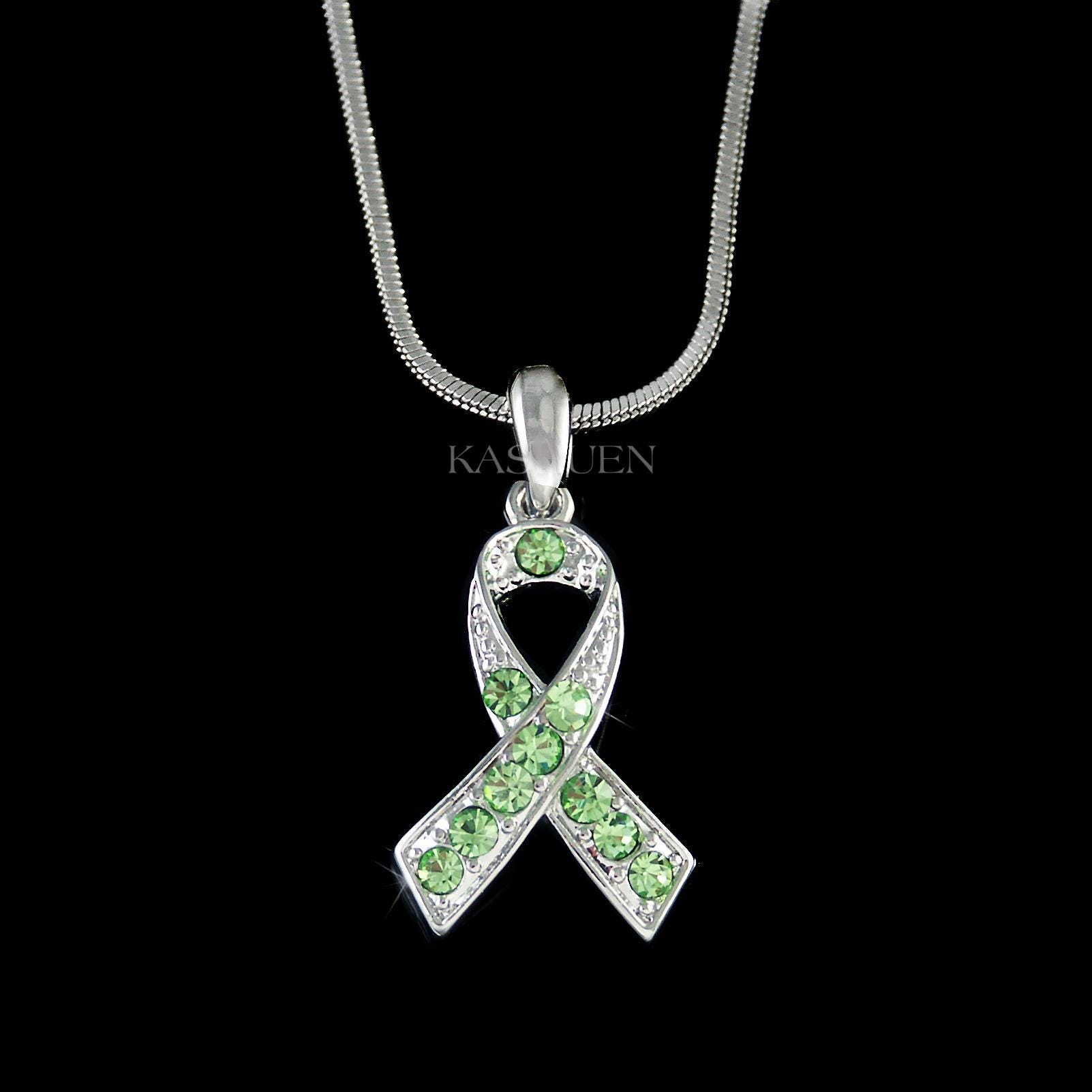 Swarovski Crystal Lime Green Lymphoma Cerebral Palsy Awareness Ribbon Necklace Lyme Disease STD Honor Newtown victims Jewelry Birthday Gifts