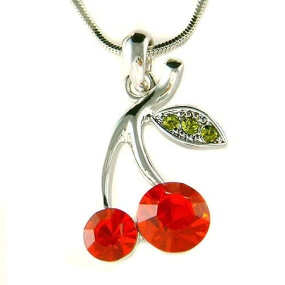 Swarovski Crystal Sexy Hot Red Juicy Cherry Necklace, Fruit Green Leaf  Jewelry 13th 14th 15th 16th 17th 18th Birthday Friend Christmas Gifts