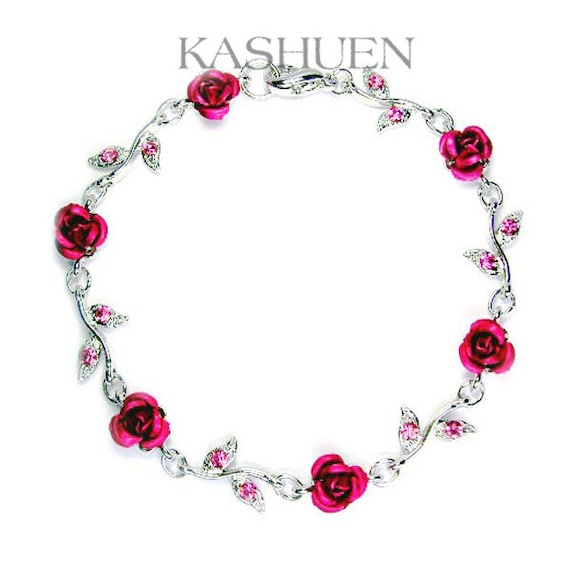 Swarovski Crystal Magenta Pink Flower Floral Chain Bracelet Best Friend Bridal Bridesmaids Wedding Jewelry Christmas 30th 40th Birthday Gift