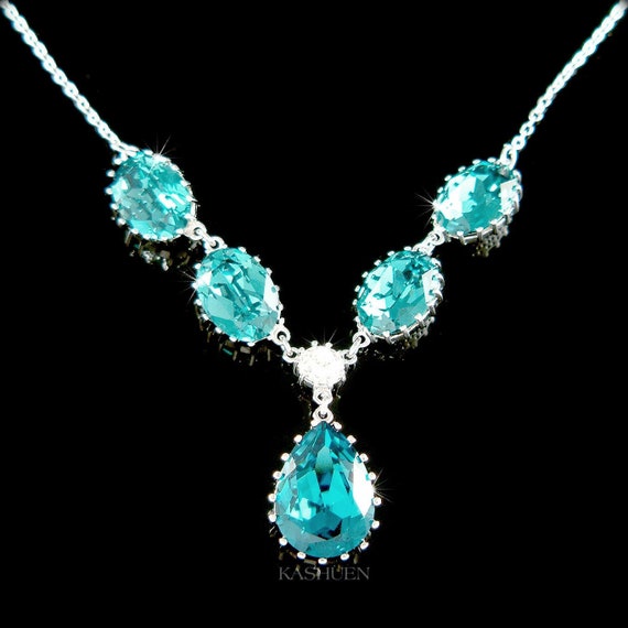 Swarovski Crystal Teal Blue Chunky Teardrop Oval Sterling Silver