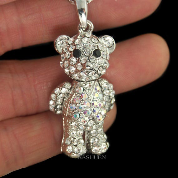 Swarovski Crystal 3D Big Movable Cuddly Teddy Bear Necklace Cute