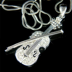 Swarovski Crystal MUSIC musical Fiddle VIOLIN Bow pendant Charm Silver Chain Necklace Jewelry Christmas Birthday Best friends Musician Gift