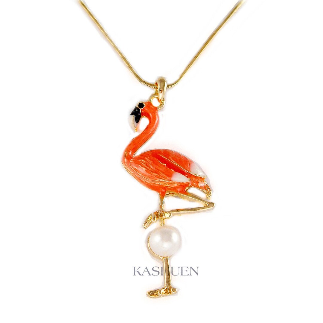 Coral Pink Flamingo Bird Faux Pearl Nature Lover Necklace Etsy