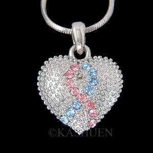 Swarovski Crystal Heart Baby Pink Blue Pregnancy Infant Loss SIDS Miscarriage Awareness Ribbon 18&quot; Necklace Best Friend Gift Family Support