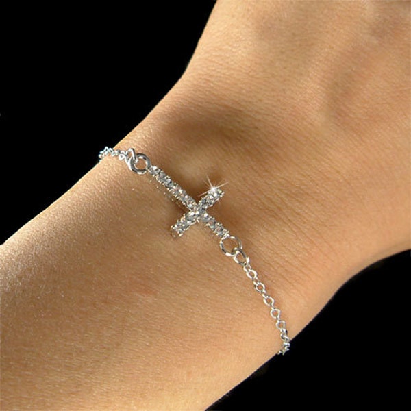 Dainty Swarovski Crystal Sideways Cross Charm Fine Cable Sterling Silver Chain Bracelet Religious Jewelry Best Friend Easter Christmas Gift