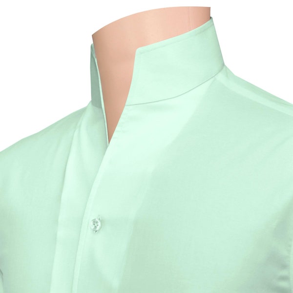 Mint Lime High collar shirt 100% cotton Long sleeves Tall neck High Open collar Dress shirt Buttonless collar V neck Band Grandad collar
