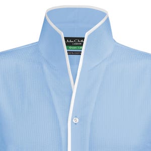 High Open Collar Light Blue Seersucker Highlighted White Piping Gift for Him Business Wear Custom Made V Big Neck Wrinkle-Free Shirt