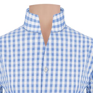 Sky Blue Gingham Checks Men's 100 % Cotton High Open V Neck Long Sleeves Unique Wardrobe Style Semi-Formal Outfit Standup Big Collar Shirt